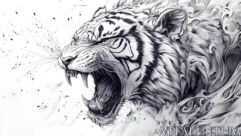 Ink-etched roaring tiger head with swirling abstract plumes.
