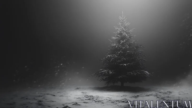 Snow covered Christmas tree in isolated winter spotlight.