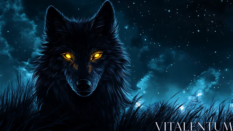 Luminous-eyed midnight wolf beneath a starstorm sky.