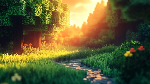 Voxel forest stream under warm pixel sunset glow.