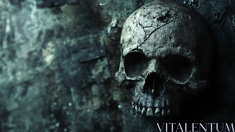 Weathered human skull against corroded stone wall background