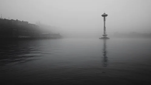 Space Needle rises from dense fog above still water