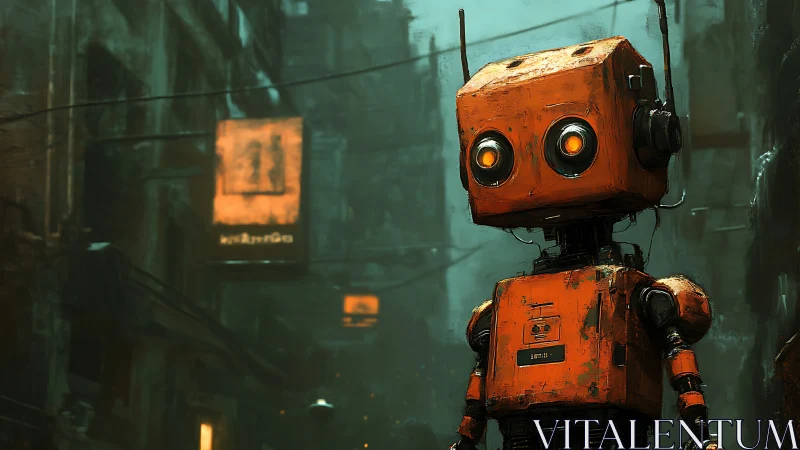 Orange robot surveys rain-soaked cyberpunk alleyway. Period.
