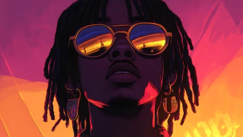 Portrait shows stylized figure in reflective sunglasses at sunset