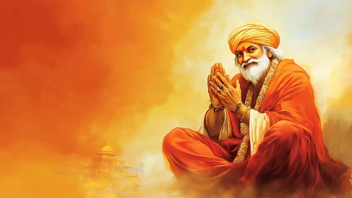 Orange robed holy man seated in prayerful greeting pose.