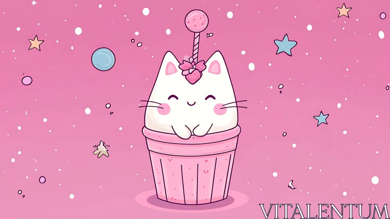 Kawaii white cat cupcake illustration with pink candy orbit