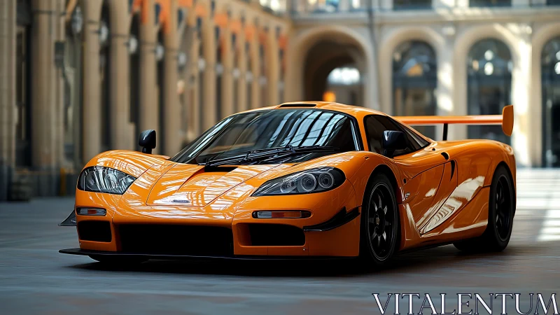 Orange track-oriented supercar under vaulted arcade lighting