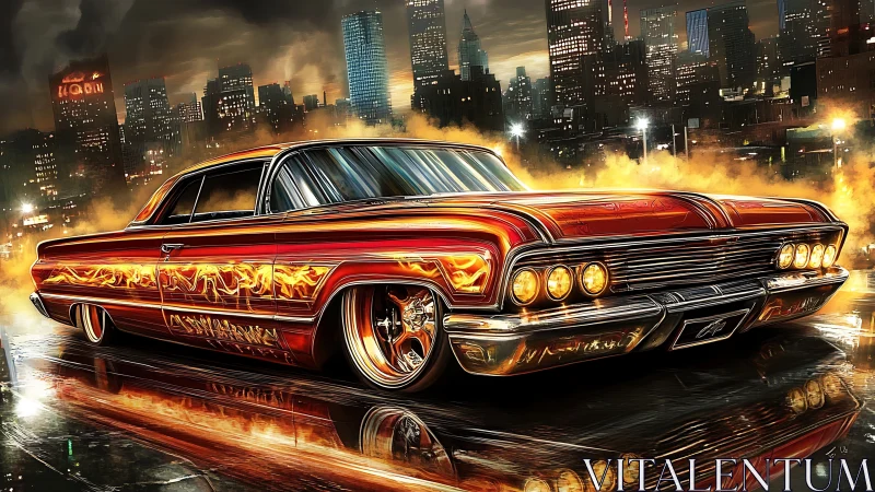 Flame-detailed lowrider coupe under neon-lit urban skyline.