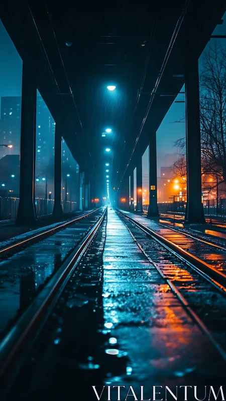 Wet city rail tracks under elevated bridge at night.