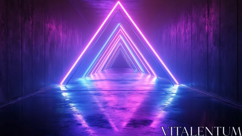 Neon triangles glow gently in a futuristic, dreamlike hallway