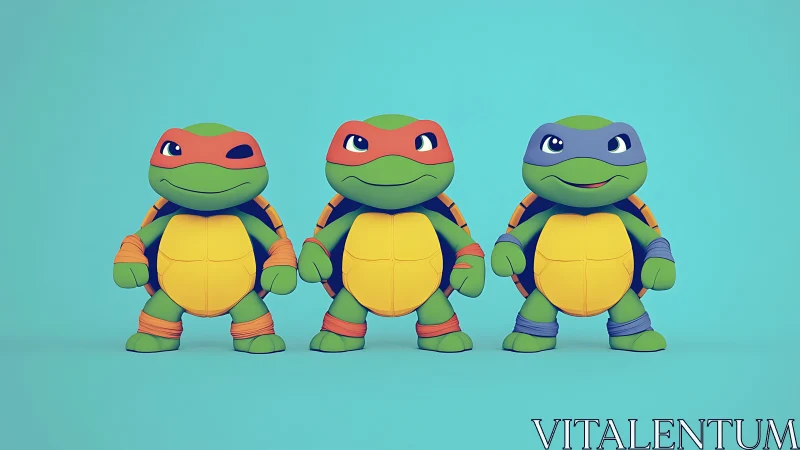 Playful turtle trio in bright masks on turquoise stage.