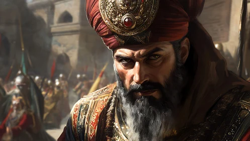 Regal commander in ornate turban rendered with high-detail lighting