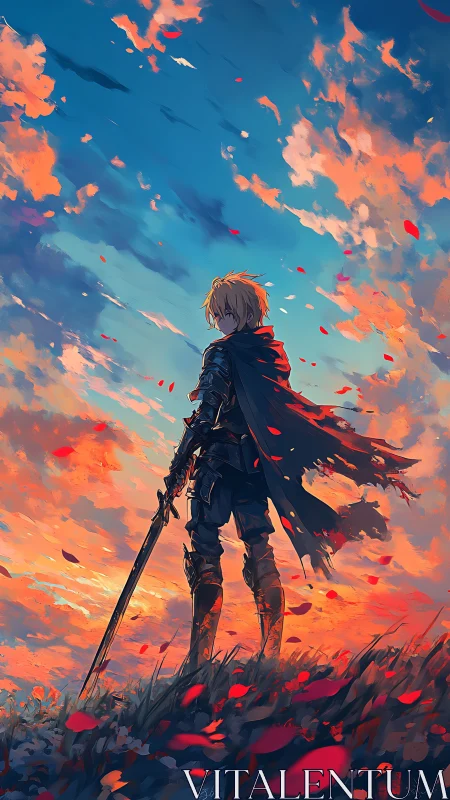 Anime knight silhouette against blazing sunset sky composition.