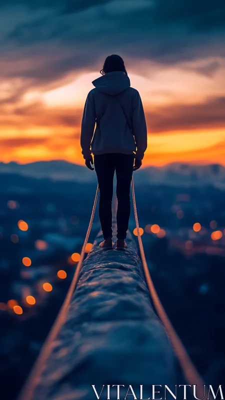 Silhouetted figure stands on elevated beam at dusk in shallow focus