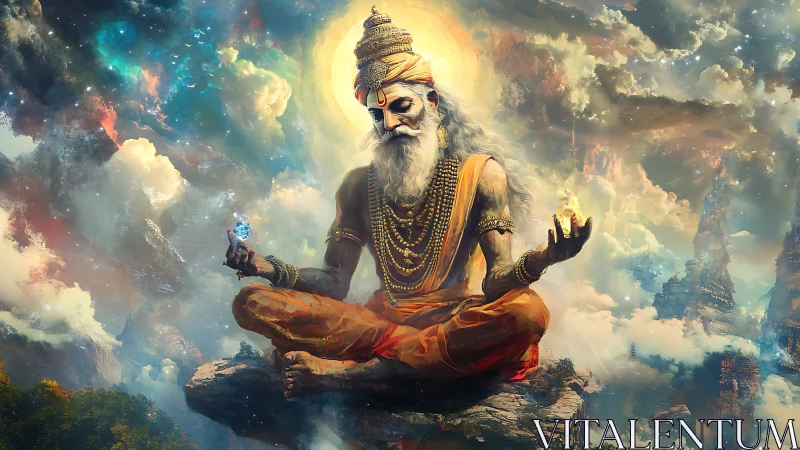 Mystic ascetic levitating amid cosmic storm clouds of light.