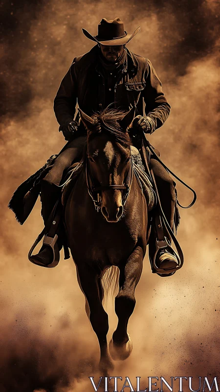 Cowboy on galloping horse emerges from dust in sepia chiaroscuro