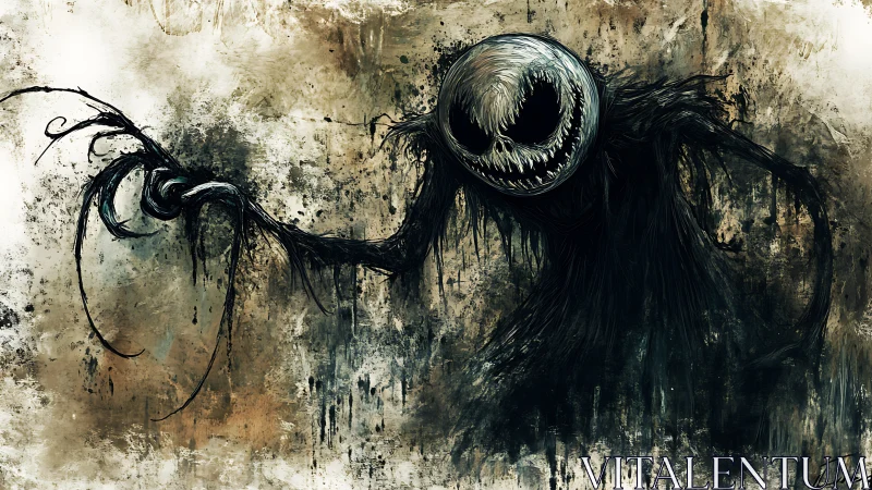 Shadow wraith with grinning skull face on decayed wall.