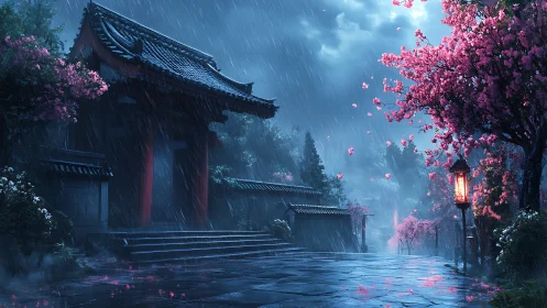 Rainy temple street with cherry blossoms and lanterns at dusk.