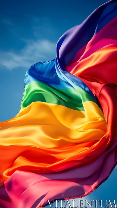 Pride rainbow flag waves in bright clear blue sky.