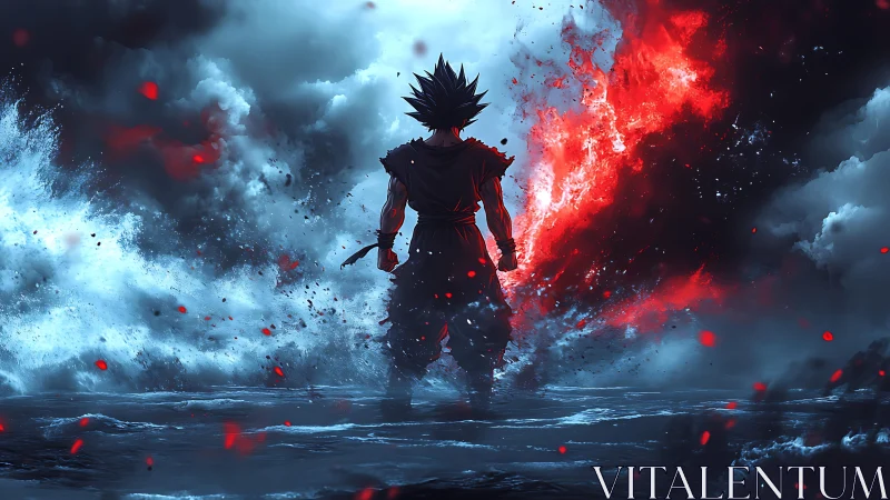 Backlit anime warrior confronts dual-toned elemental storm