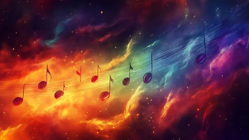 Cosmic music notes drift through a glowing nebula sky.