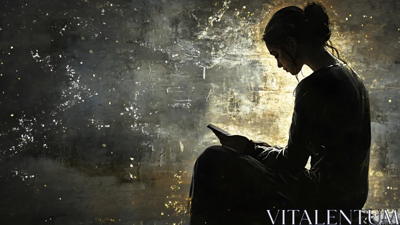 Solitary reader in golden chiaroscuro glow at dusk.