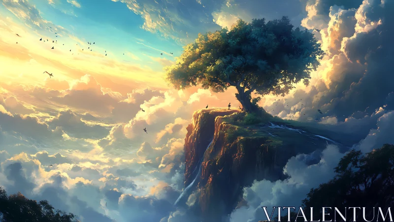 Floating Island with Ancient Tree Among Golden Clouds.