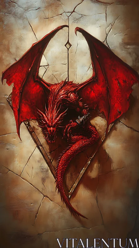 Red winged dragon relief is centered on cracked stone wall