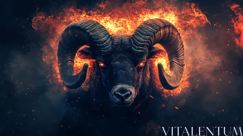 Fiery horned ram head centered in dark burning scene.