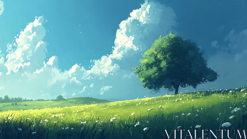 Lone summer tree dreaming beneath cathedral-bright clouds.