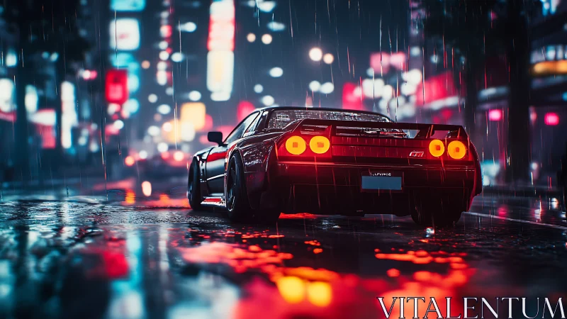 Rear street view of sports car in wet neon city at night.