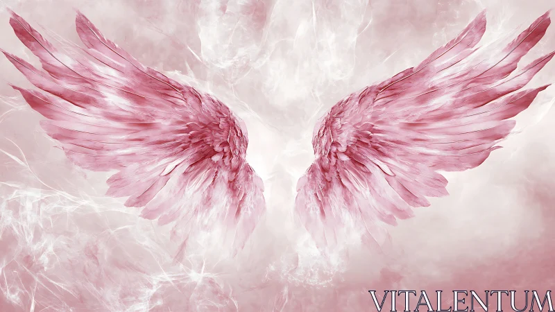 Blush-tinted angel wings bloom wide in a cloudy cosmos