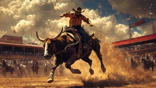 Rodeo cowboy on charging bull amid dust and grandstands.
