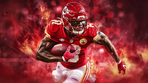 Digital painting of red football player sprinting through flames.