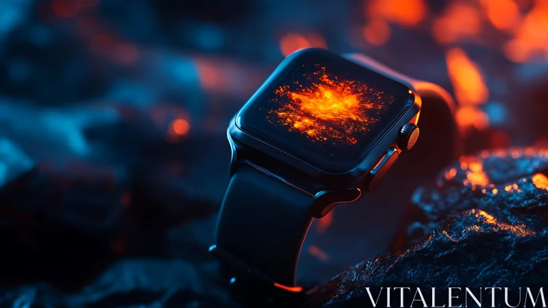 Smartwatch with fiery display in vivid blue orange light.
