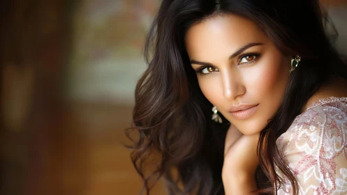 Close-up portrait of woman with long hair and lace top.