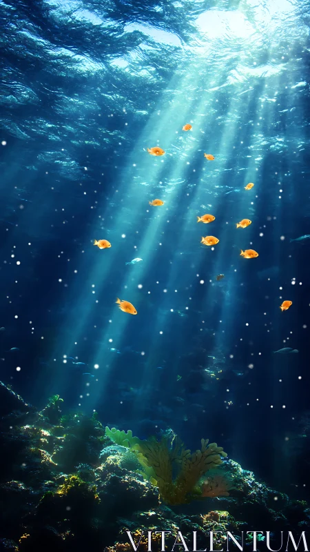 Sunlit underwater reef scene with schooling orange fish