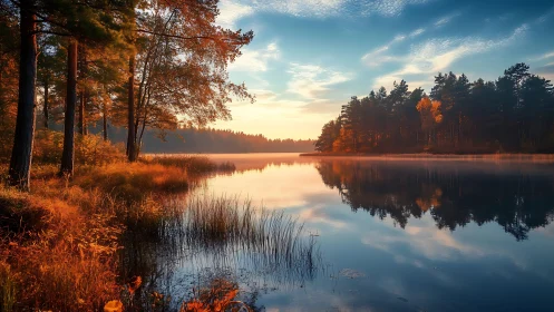 Autumn shoreline reflected across still lacustrine mirror plane.