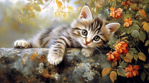 Tabby Kitten Among Autumn Roses: A Tender Garden Portrait.