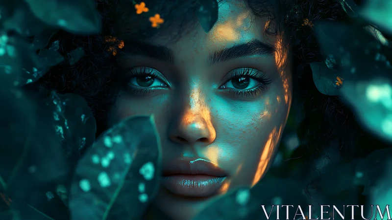 Digital painting portrait with bioluminescent foliage lighting.