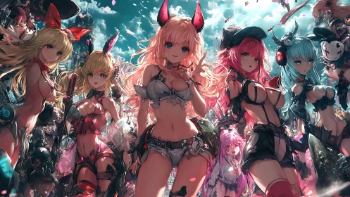 Post-apocalyptic anime squad in detailed cyber-battle attire