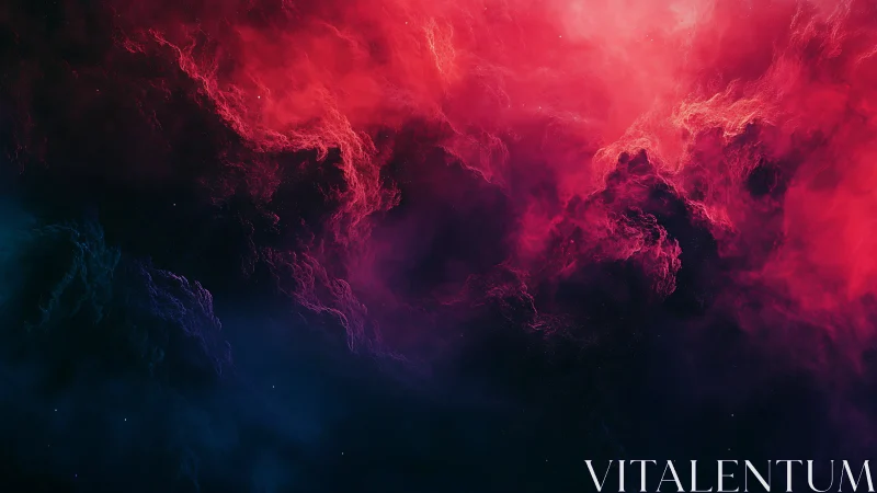 Crimson nebula clouds swirl over deep cosmic shadow.