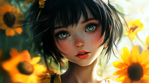 Freckled girl gazes among sunflowers in glowing summer light.