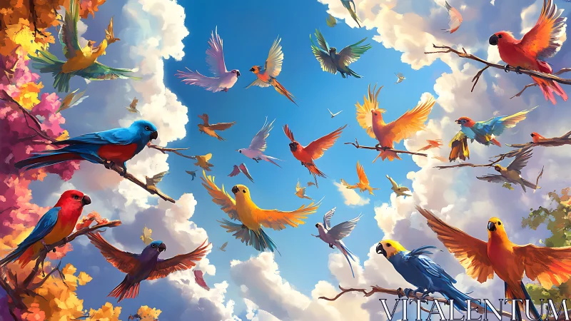 Colorful Flock of Parrots Flying in a Vivid Digital Painting.