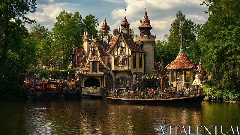 Lakeside fantasy villa with storybook turrets and passenger barge.