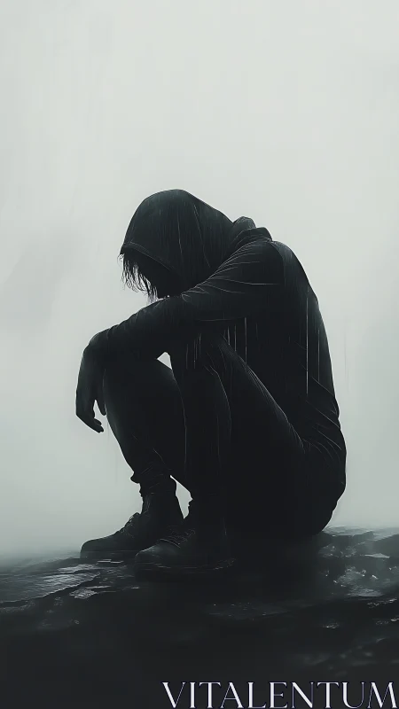 Hooded figure crouches in rain, silhouette against mist