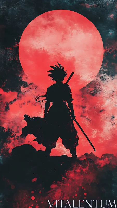 Samurai silhouette stands before oversized red moon
