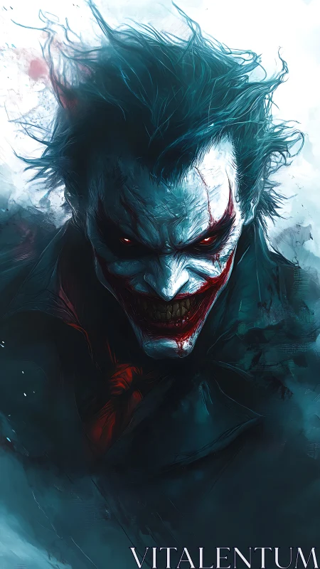 Sinister clown portrait with smeared red smile.