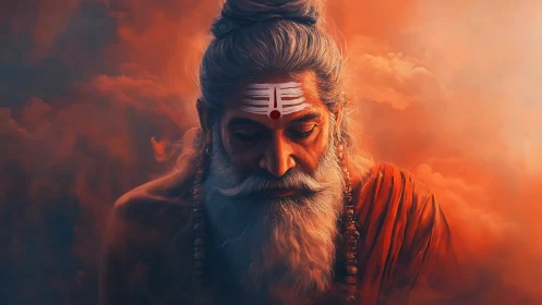 Mystic sage portrait in glowing orange spiritual haze.