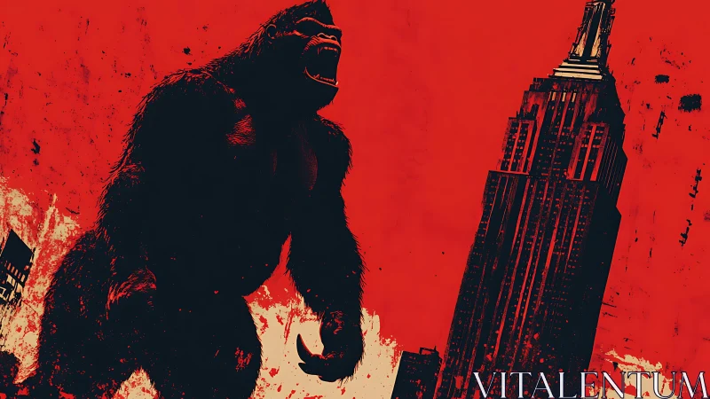 Giant roaring gorilla confronts skyscraper on red skyline.